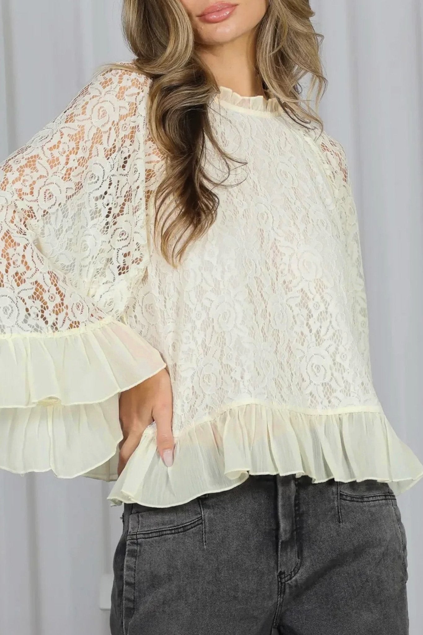 White Sheer Lace Long Sleeve Ruffle Trim Loose Blouse - Loving It Shop