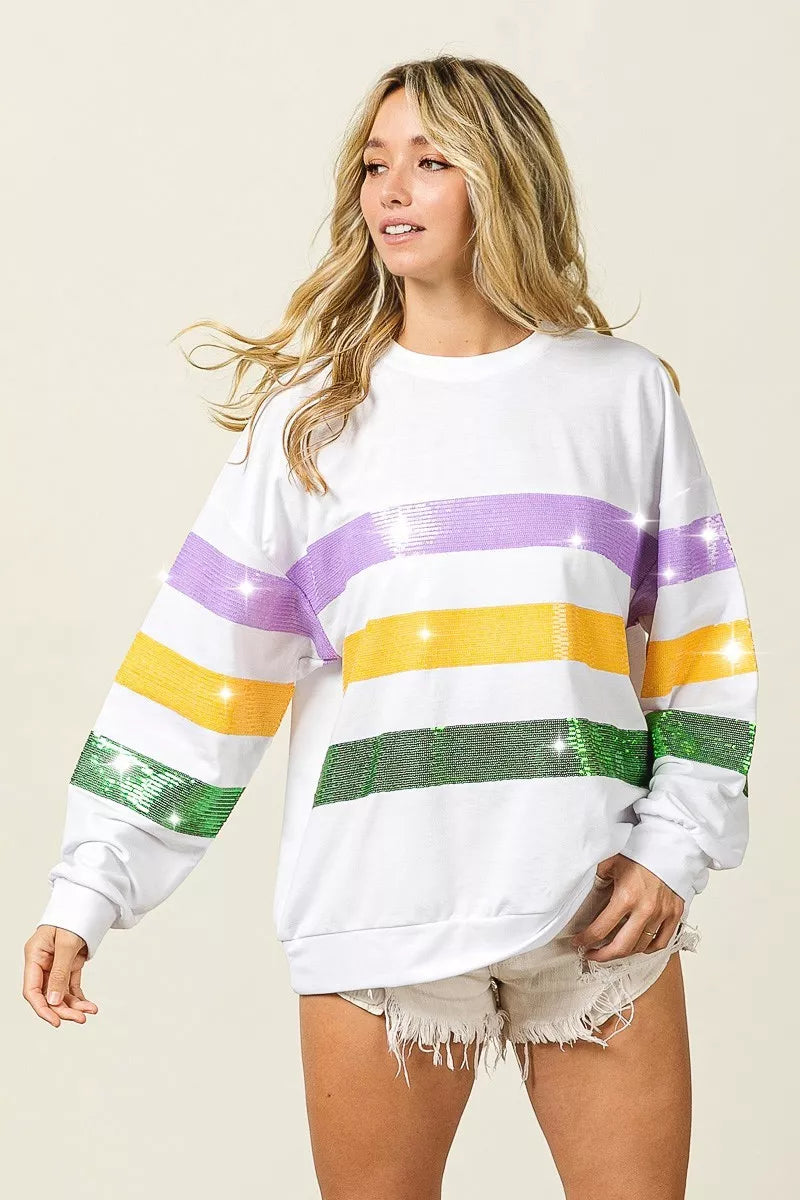 Sequin Mardi Gras Striped Round Neck Sweatshirt