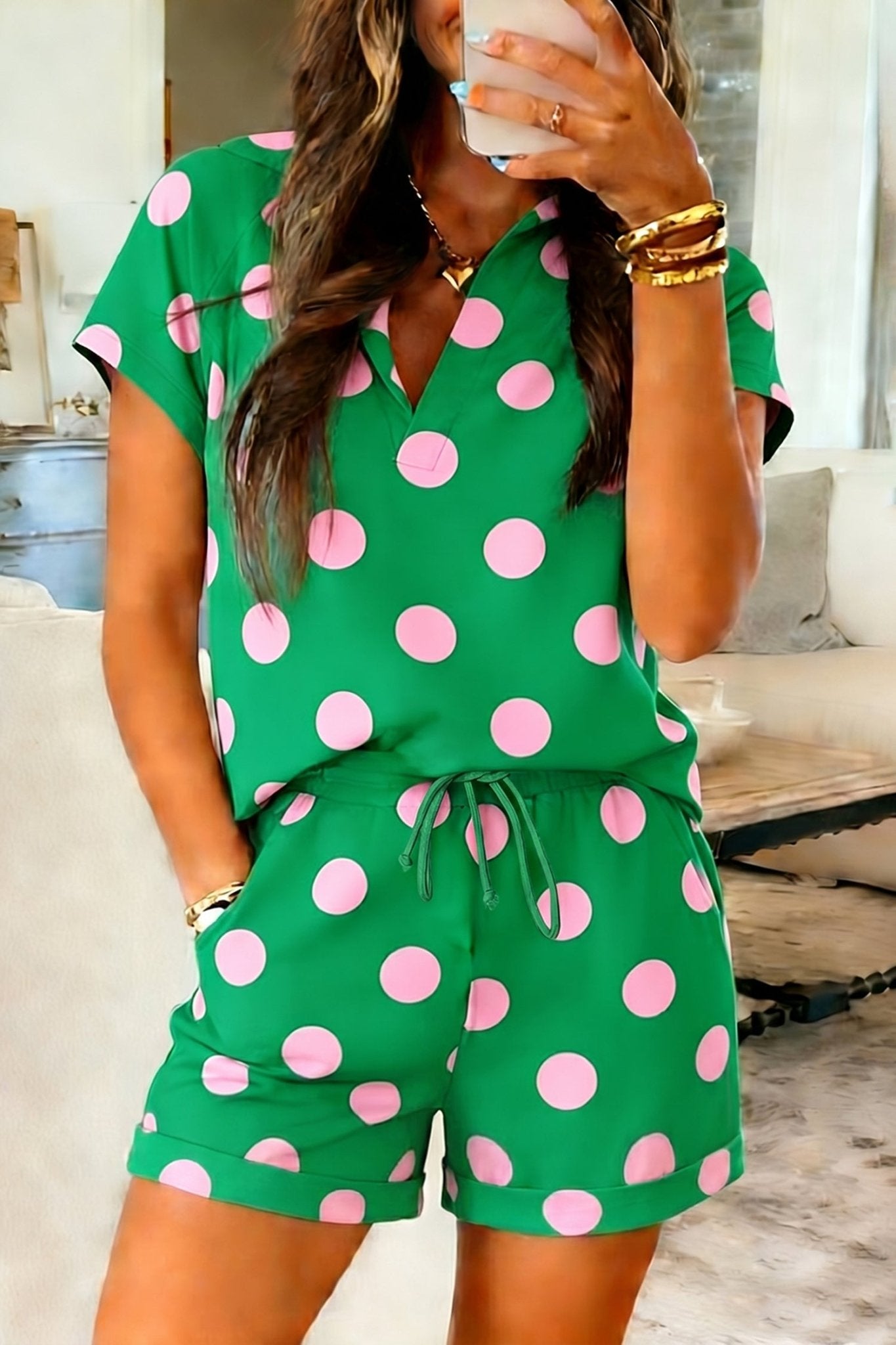 Green Polka Dot Print V Neck Tee Short Set - Loving It Shop