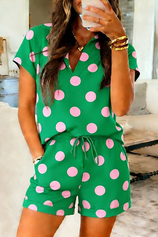 Green Polka Dot Print V Neck Tee Short Set - Loving It Shop