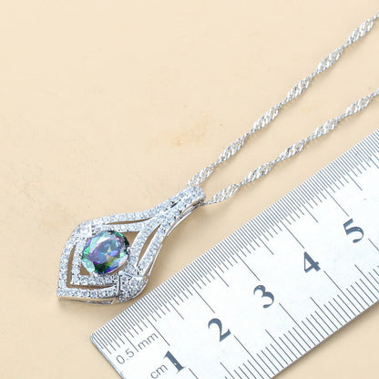 Inlaid Gemstone Pendant Earrings Necklace And Ring For Women 4 PCs Set