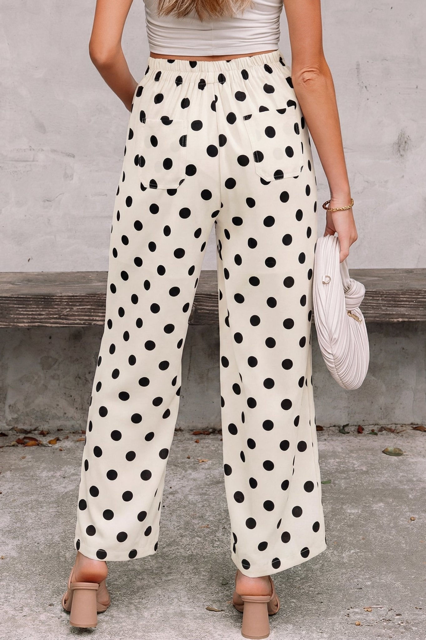 White Polka Dot Print Patched Pocket Loose Pants - Loving It Shop