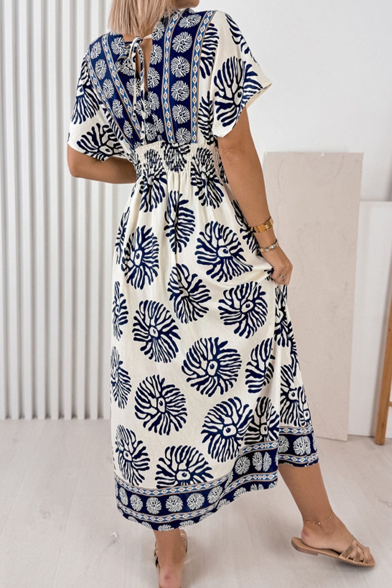Blue Boho Floral Print Contrast Patchwork V Neck Dolman Maxi Dress - Loving It Shop