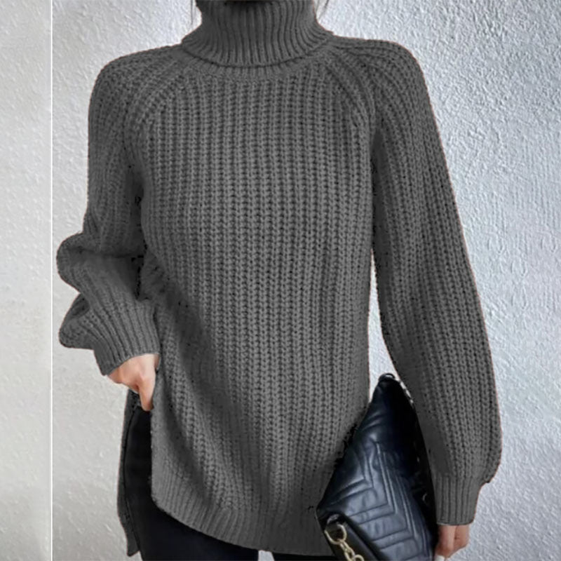 Turtleneck Pullover Sweater With Split Design Fashion Simple Solid Color Long Sleeve Tops Women&