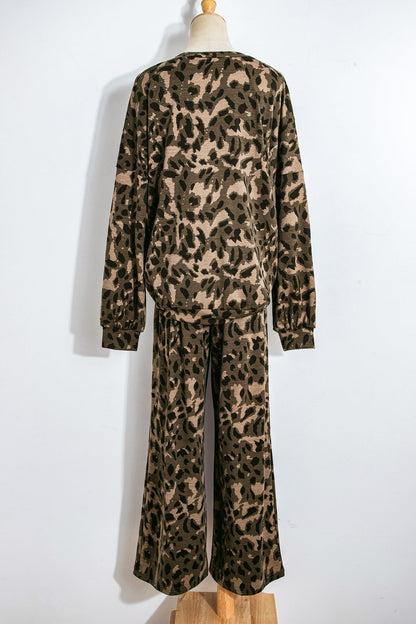 Brown Leopard Print Raw Seam Patchwork Pullover Drawstring Loose Pant Set