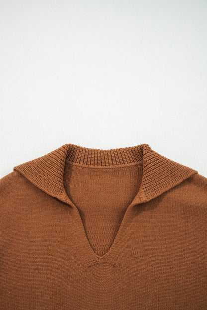 Chestnut Collared V Neck Ribbed Edge Sexy Elegant Sweater
