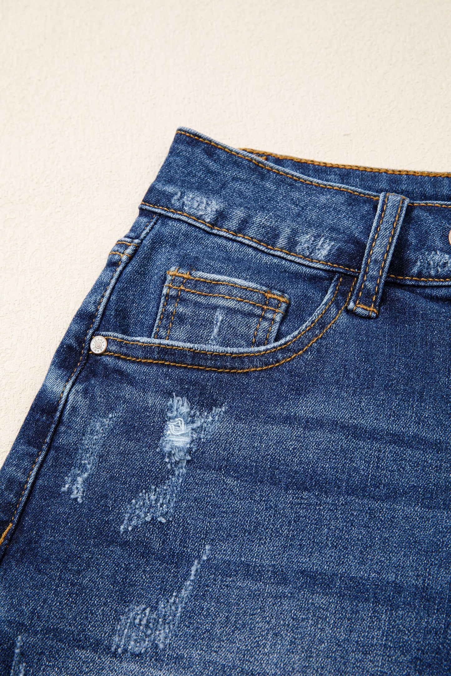 Sail Blue Asymmetric Raw Hem Distressed Whiskery Denim Shorts