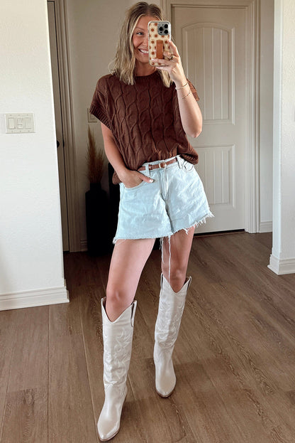 Dark Brown Cable Texture Crew Neck Short Sleeve Sweater Top
