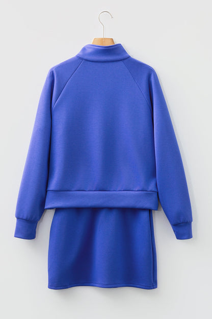 Dark Blue Half Zip Sporty Pullover Mini Skirt 2pcs Outfit