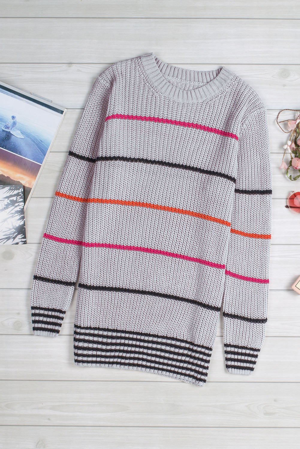Gray Ribbed Knit Striped Sweater - Loving It Shop