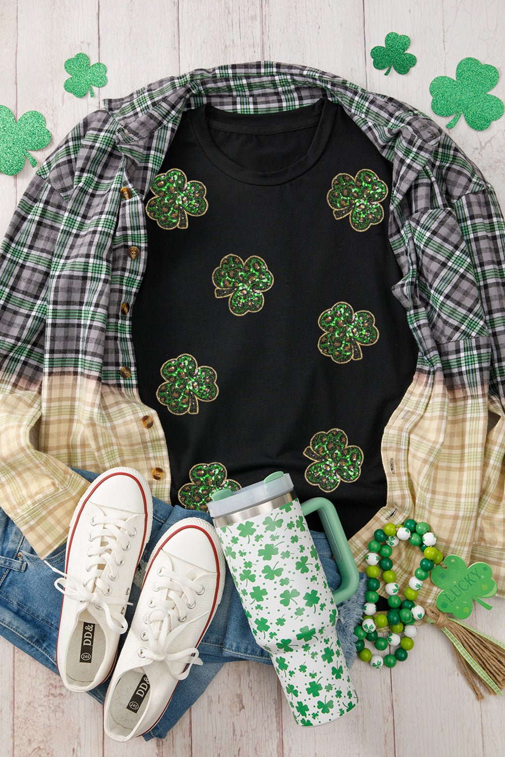 Black Sequin Leopard Clover Graphic Crewneck St Patrick Tee - Loving It Shop