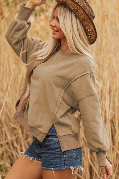 Dark Khaki Fuzzy Sherpa Splicing Pullover Sweatshirt with Side Slit