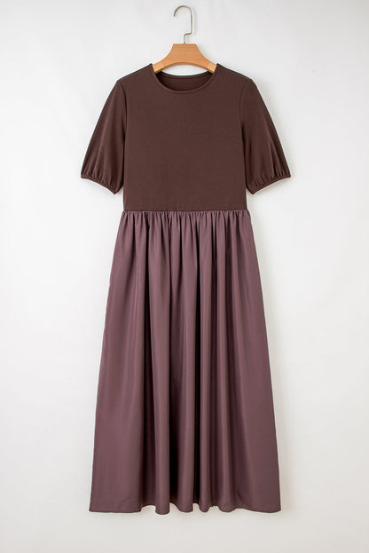 Coffee Short Sleeve Knit Top Patchwork Pleated Long Dress