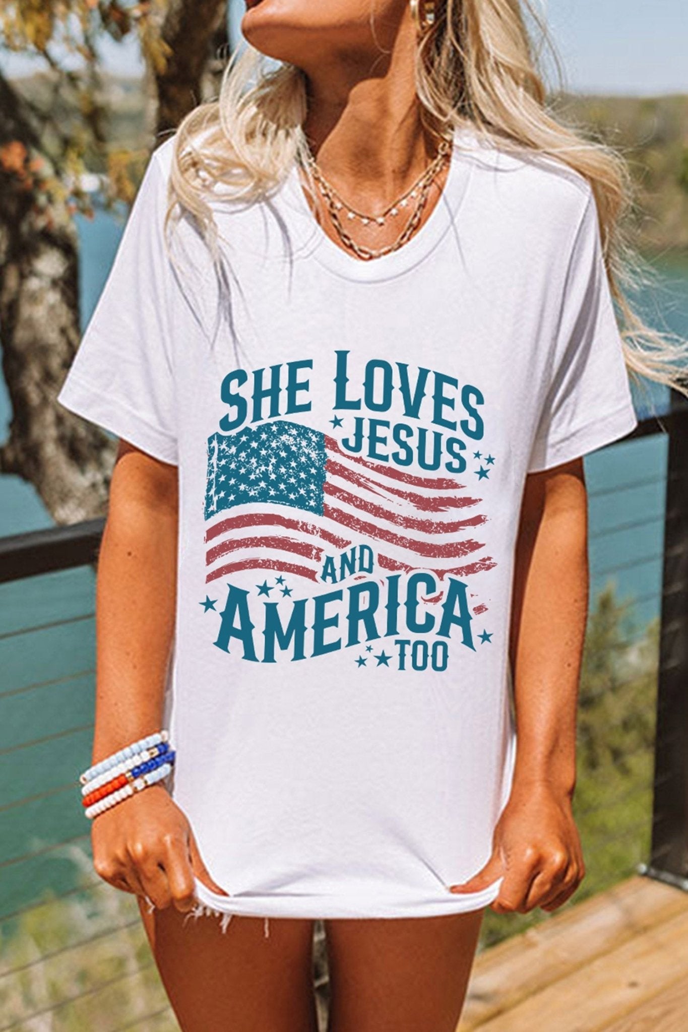 White She Loves Jesus and America Flag Graphic Tee - Loving It Shop