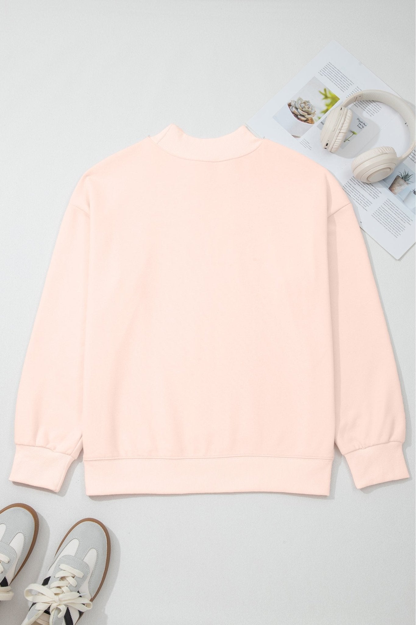Apricot Pink Bow Knot Duck Faux Patchwork Printed Mock Neck Sweatshirt - Loving It Shop