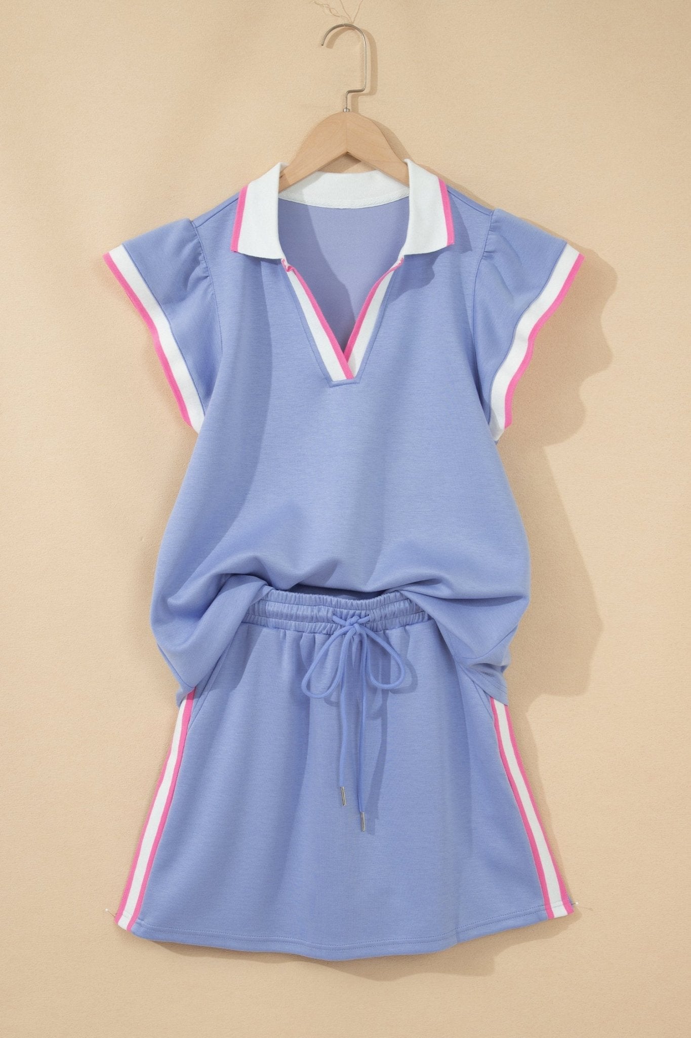 Sky Blue Preppy Striped Trim V Neck Polo Tee Drawstring Skirt Set - Loving It Shop