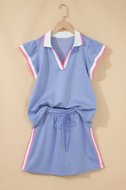 Sky Blue Preppy Striped Trim V Neck Polo Tee Drawstring Skirt Set - Loving It Shop
