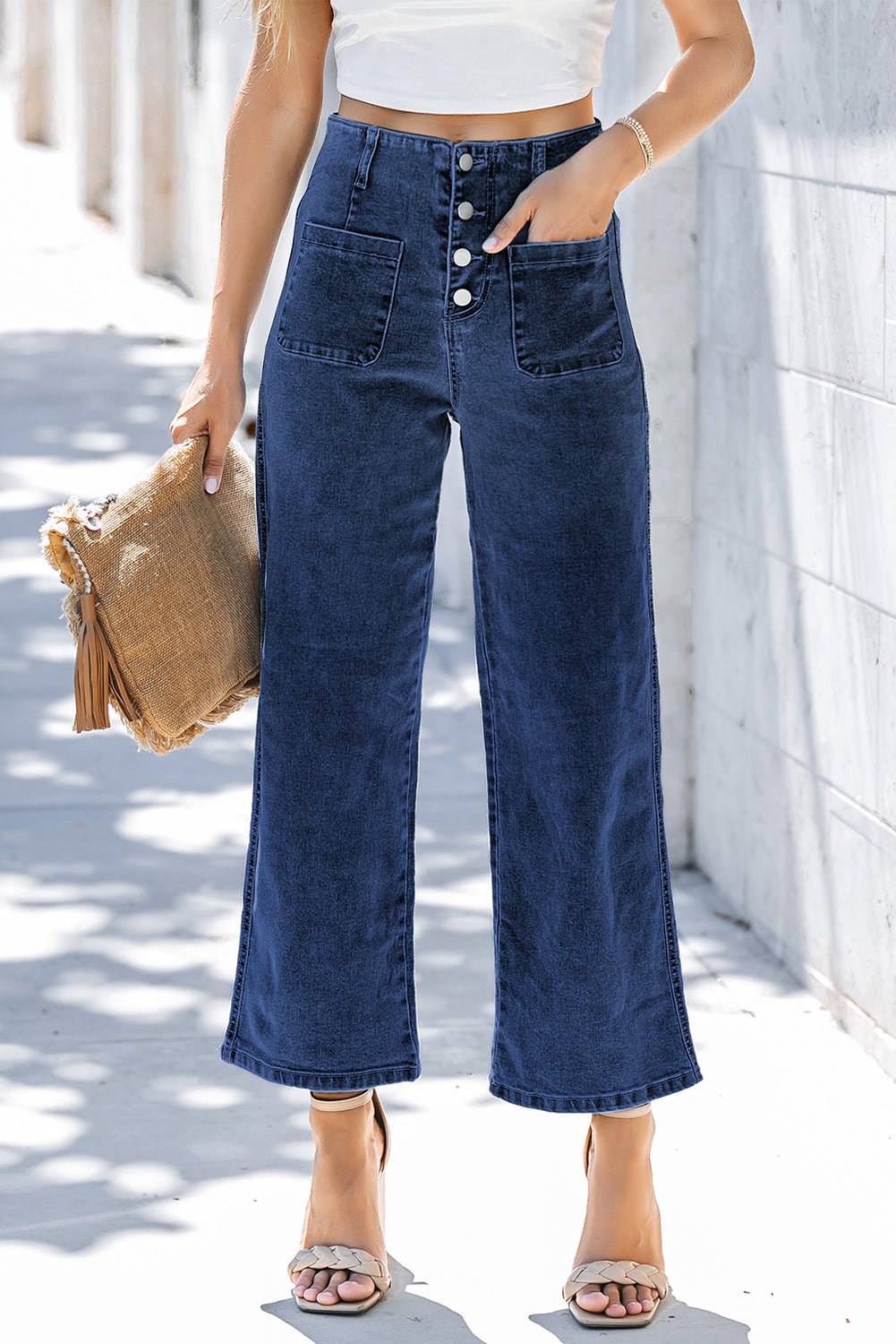 Sail Blue High Waist Button Front Wide Leg Cropped Jeans - Loving It Shop