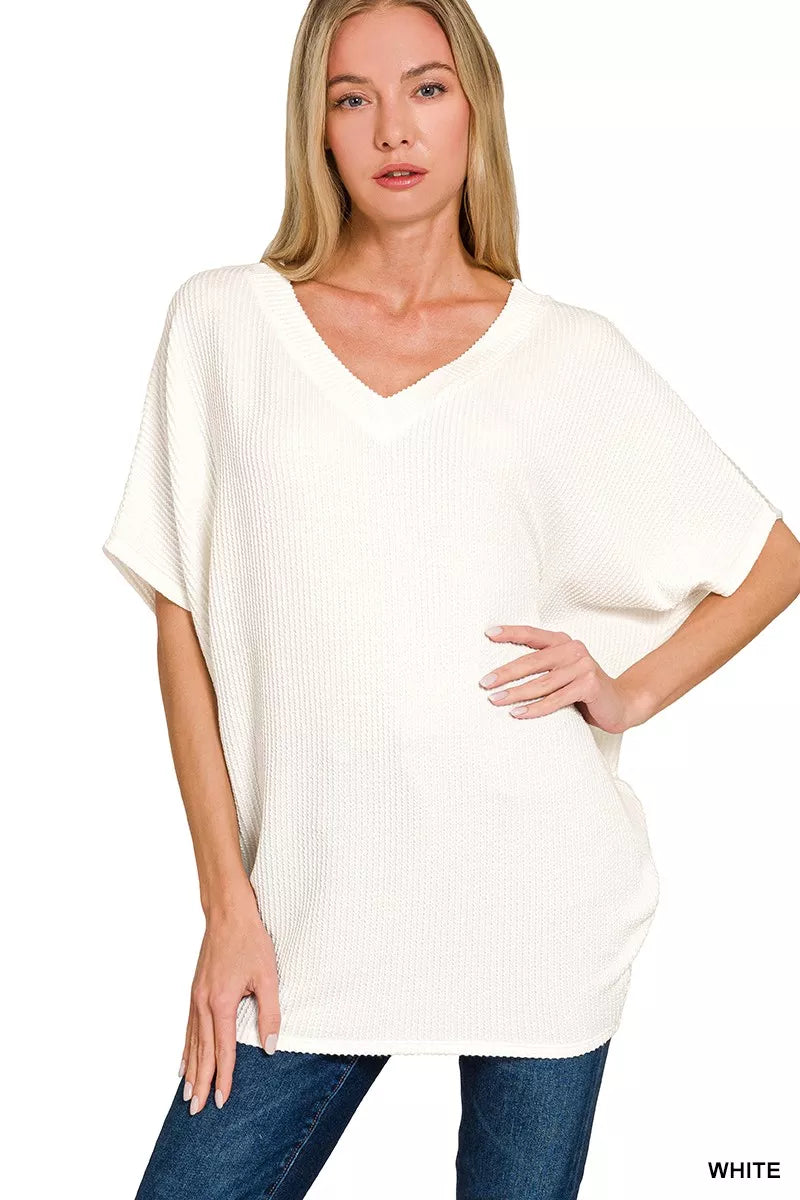 Raised Rib V-Neck Batwing Top