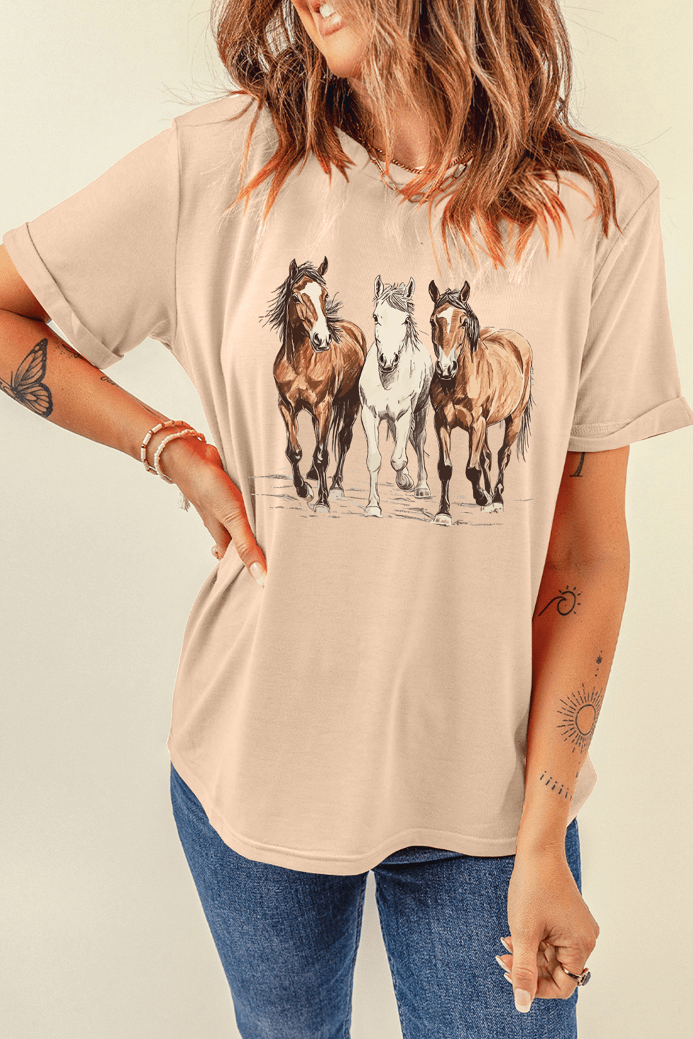 Khaki Gallant Horses Printed Casual T Shirt - Loving It Shop