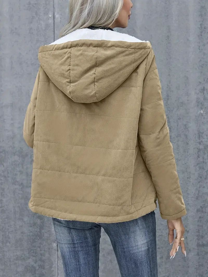 Fleece-lined Hooded Coat Winter Preppy Style Long Sleeve Jacket Warm Pockets Cotton Coat Women&