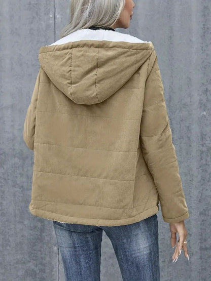 Fleece-lined Hooded Coat Winter Preppy Style Long Sleeve Jacket Warm Pockets Cotton Coat Women&