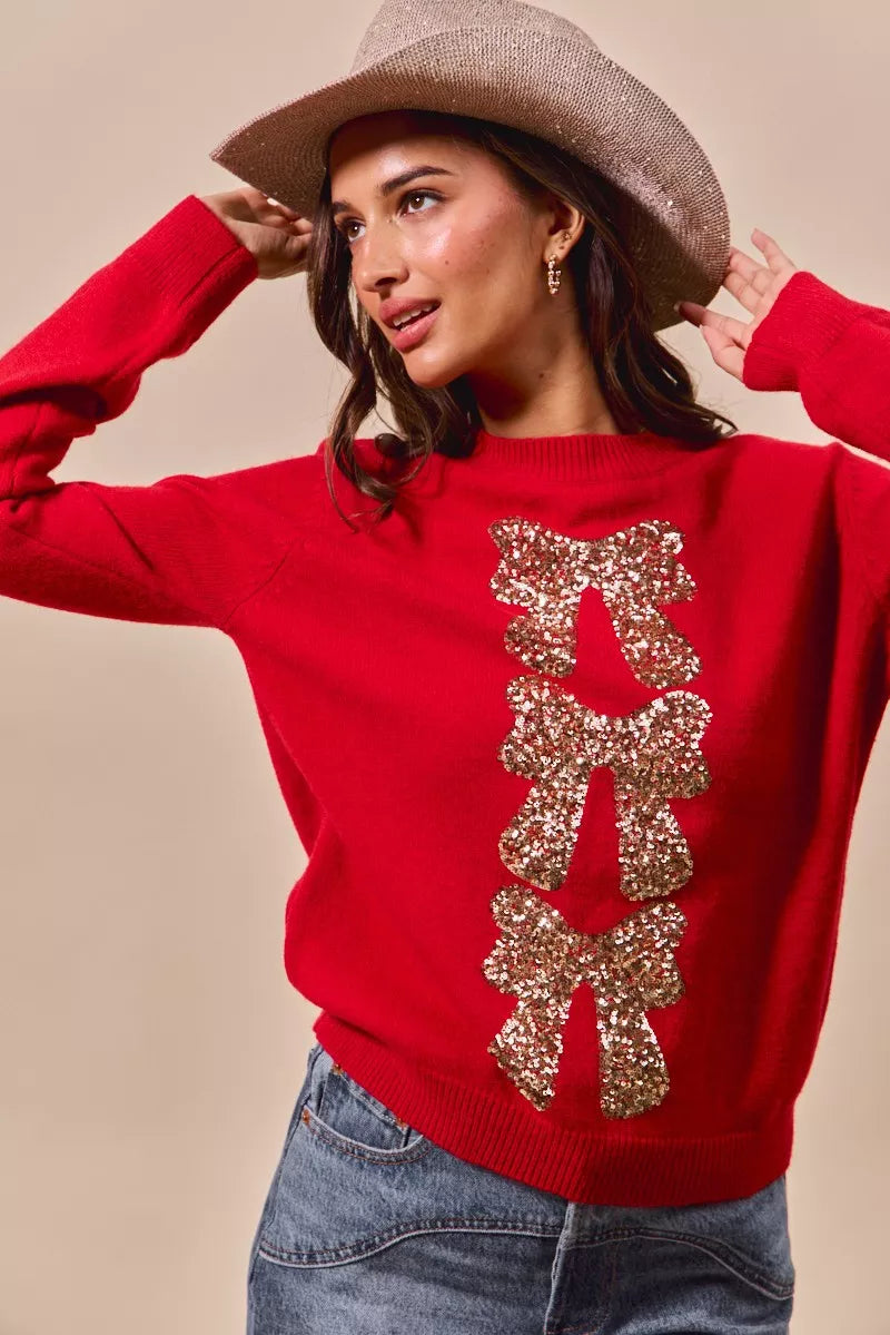 Sequins Bow Ribbon Embellished Christmas Sweater
