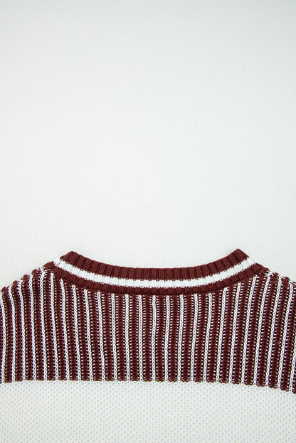 Brown Two Tone Striped Patchwork Drop Shoulder Loose Sweater