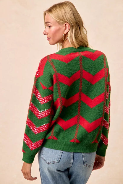 Christmas Theme Chevron Sequins Detail Sweater