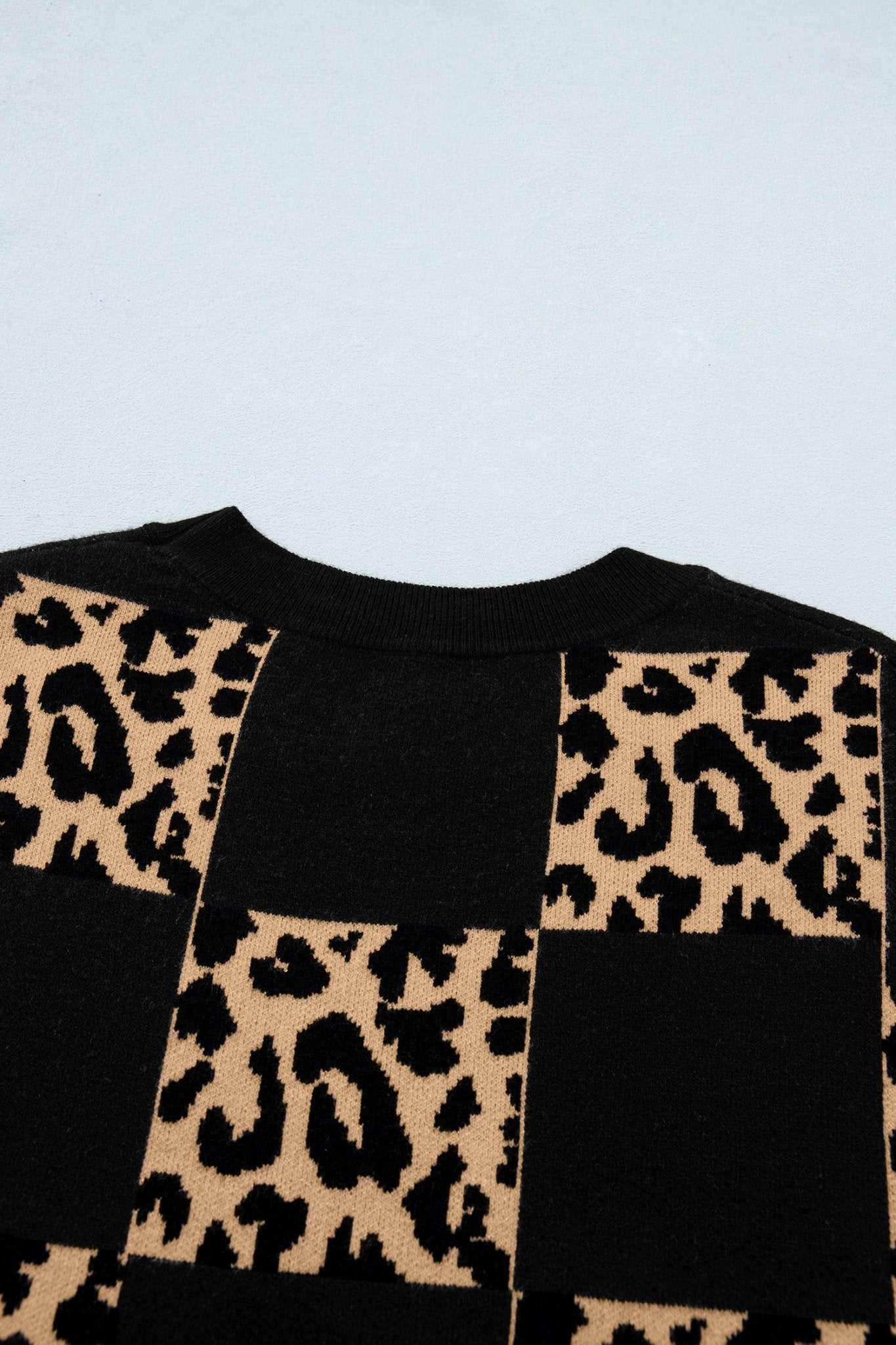 Black Leopard Checkerboard Short Sleeve Knit Sweater - Loving It Shop