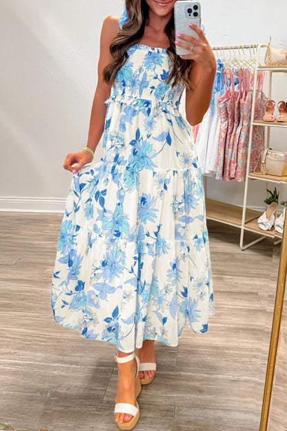 Sky Blue Ruffled Straps Smocked High Waist Floral Maxi Dress - Loving It Shop