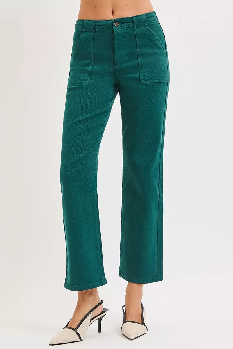 High Rise Ankle Flare Patch Pocket Jeans