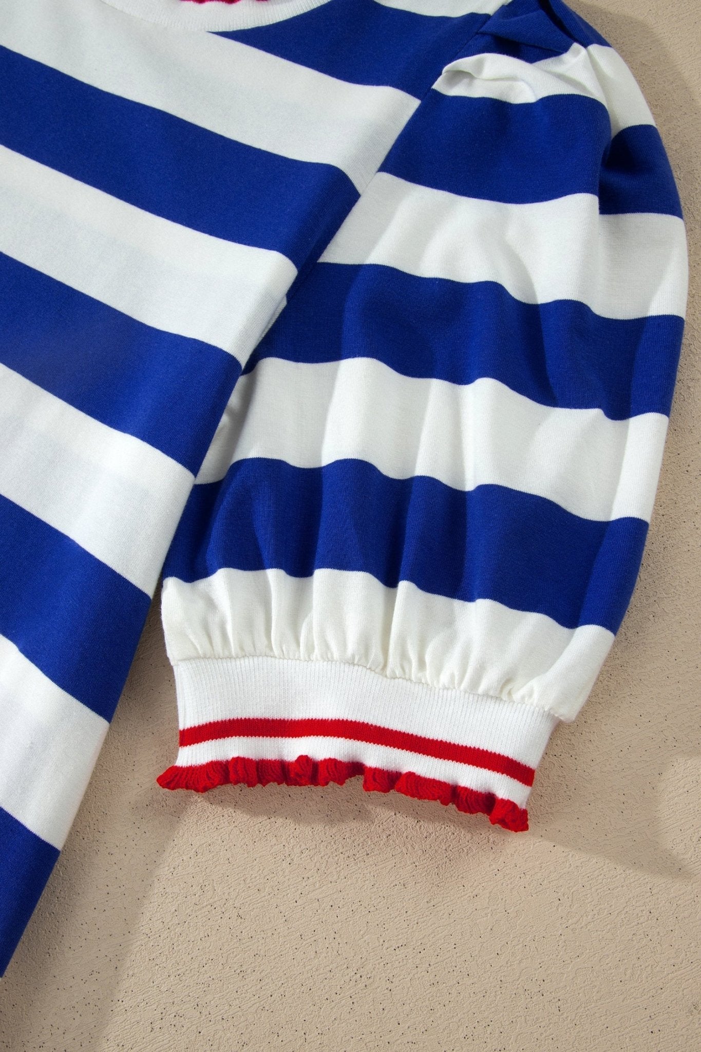 Blue Stripe Contrast Trim Round Neck Short Puff Sleeve Shift Mini Dress - Loving It Shop