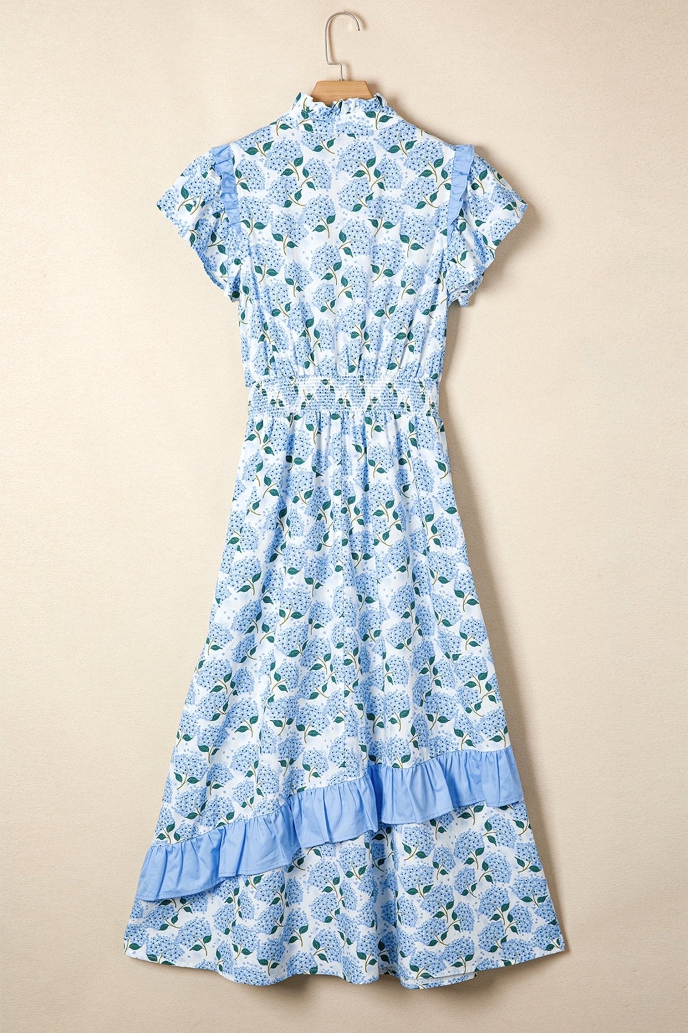 Sky Blue Hydrangea Floral Print Ruffle Trim Flutter Sleeve Long Dress - Loving It Shop