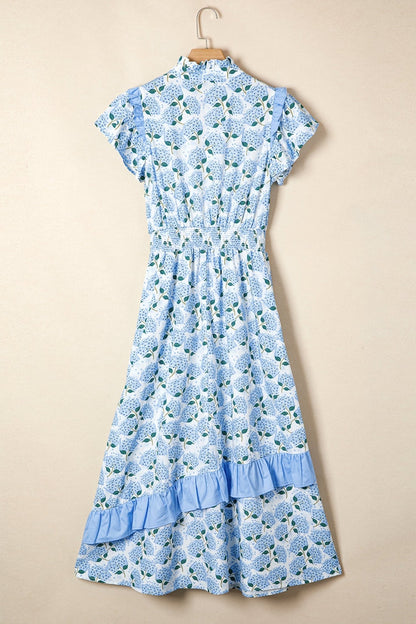 Sky Blue Hydrangea Floral Print Ruffle Trim Flutter Sleeve Long Dress - Loving It Shop