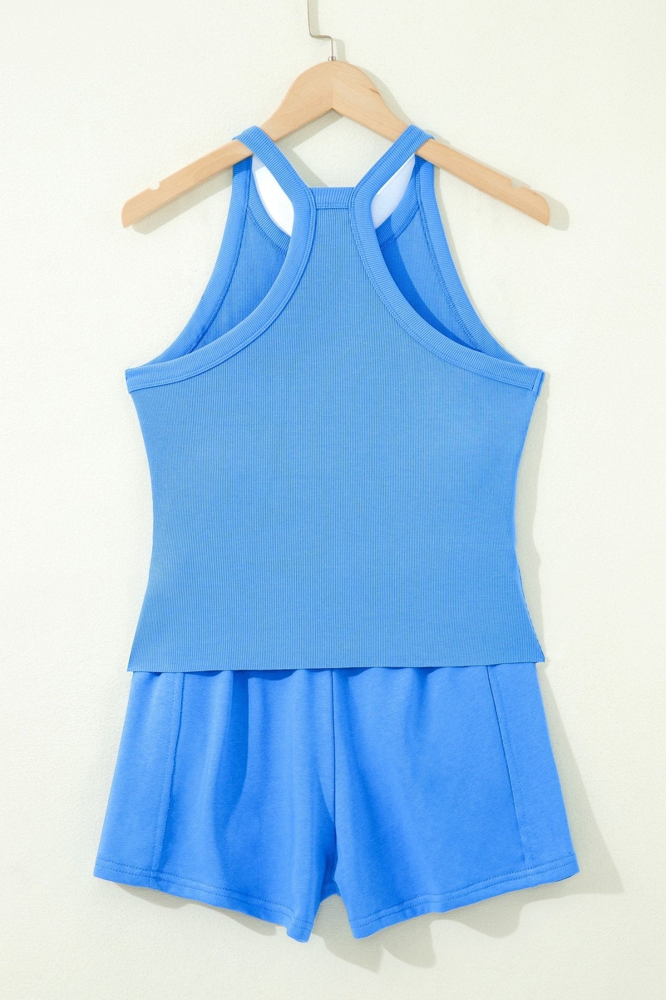 Sky Blue Slim Tank Top Elastic High Waist Shorts 2pcs Outfit - Loving It Shop