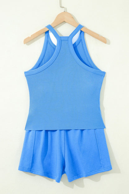 Sky Blue Slim Tank Top Elastic High Waist Shorts 2pcs Outfit - Loving It Shop