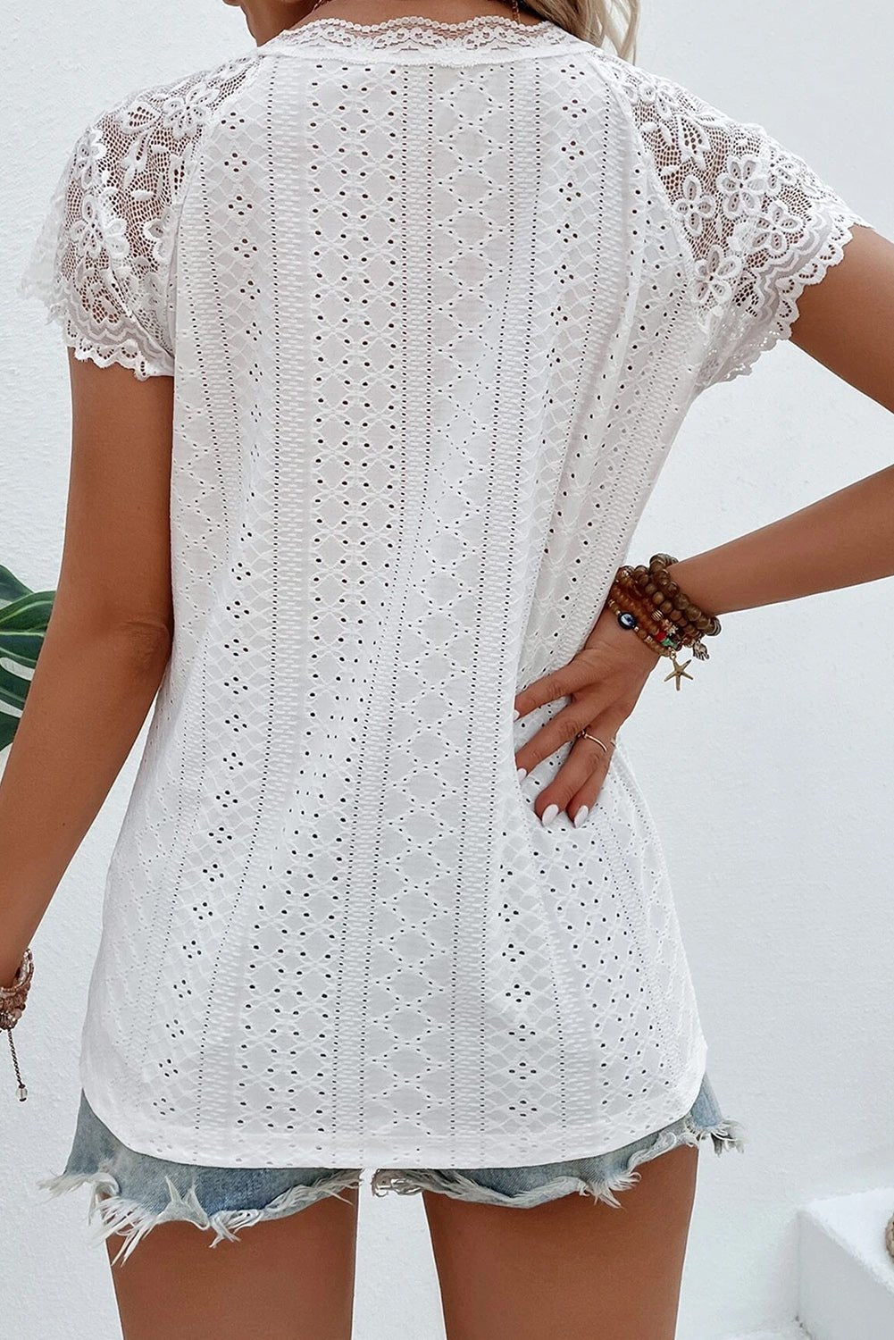 White Sheer Lace Short Sleeves Eyelet Embroidered Tee - Loving It Shop