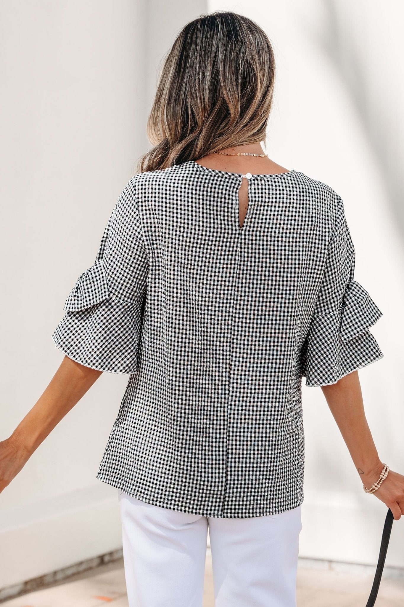 Black Plaid Bow Ruffled Half Sleeve Round Neck Blouse - Loving It Shop