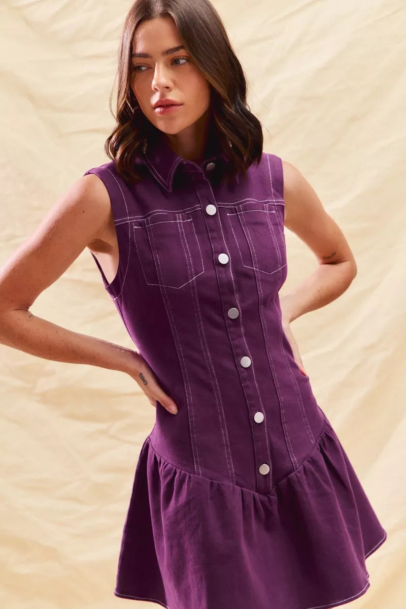 Button Down Sleeveless Collared Game Day Mini Dress
