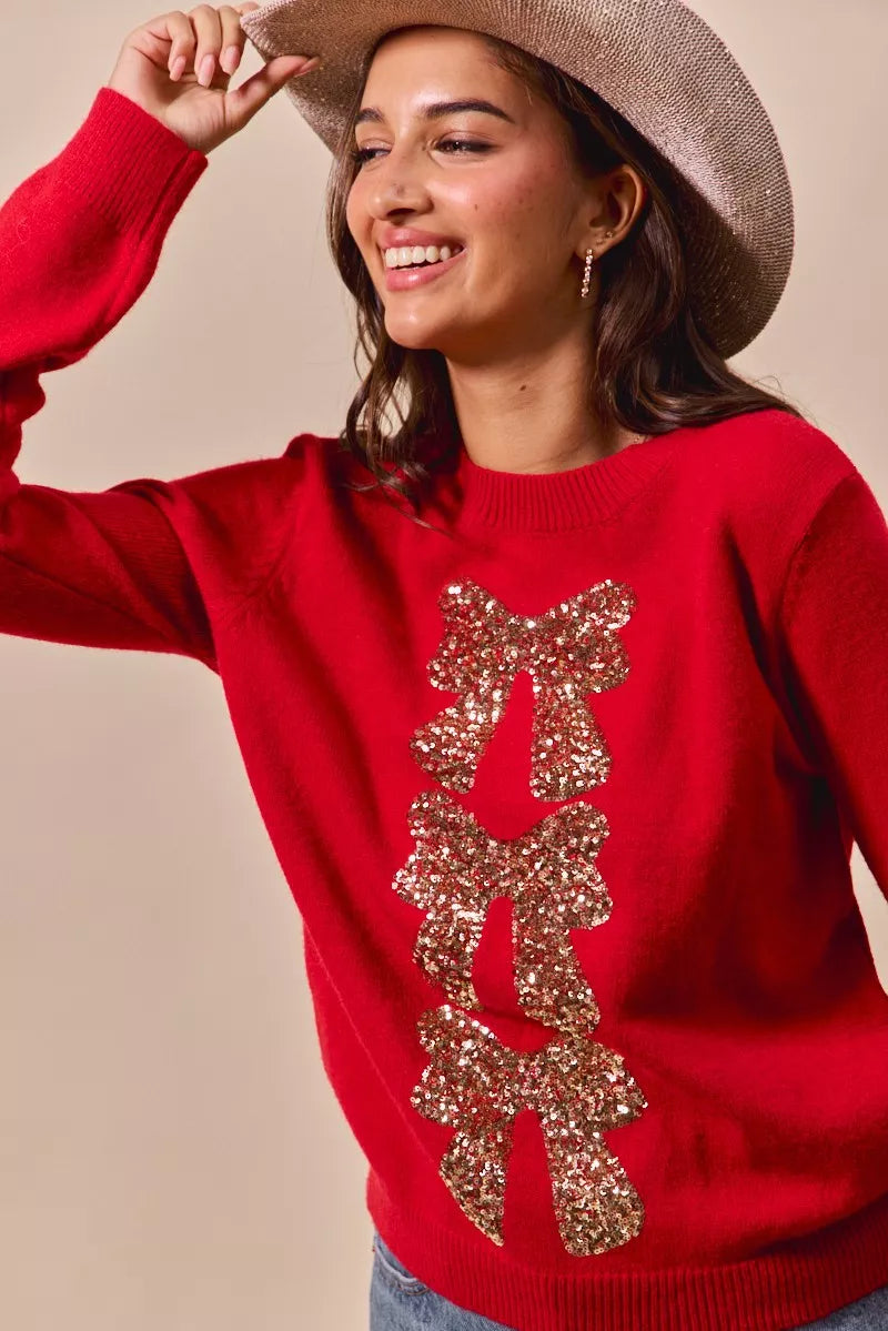 Sequins Bow Ribbon Embellished Christmas Sweater