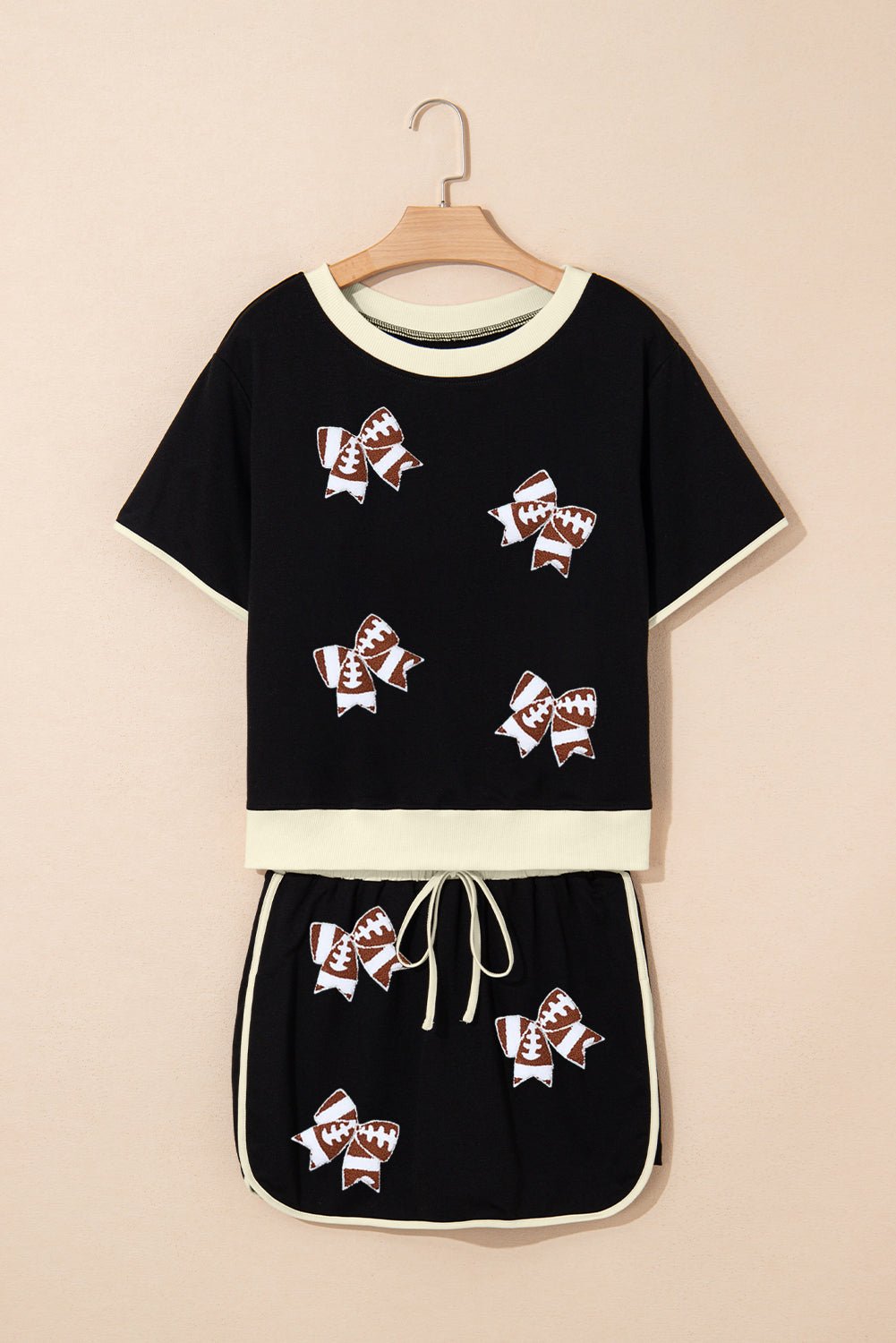 Black Sequin Rugby Football Bow Patched Colorblock Edge Tee and Skort Set - Loving It Shop