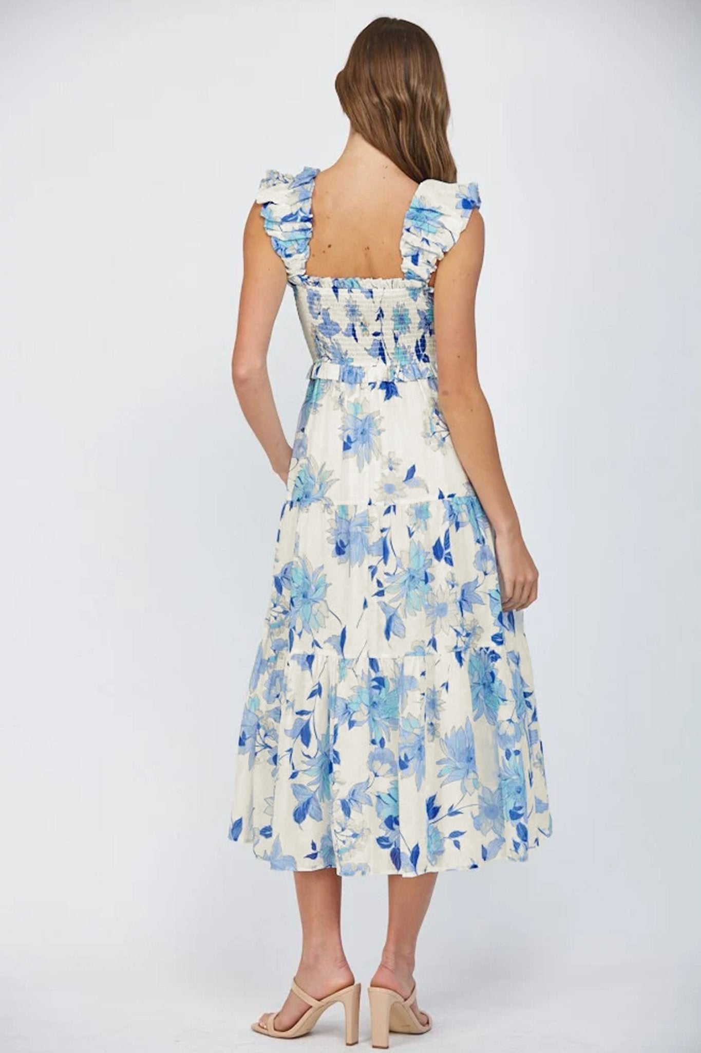 Sky Blue Ruffled Straps Smocked High Waist Floral Maxi Dress - Loving It Shop