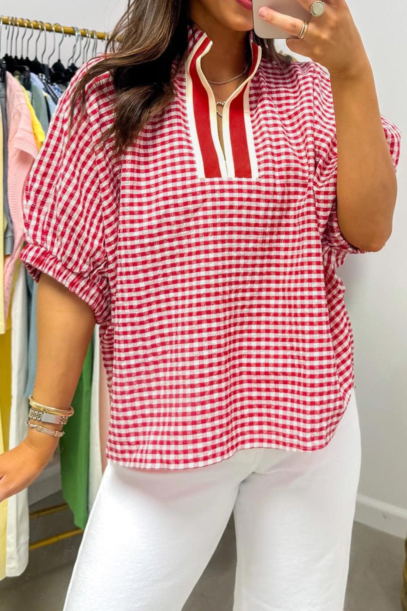 Red Plaid Short Sleeve Colorblock Trim Split Neck Blouse - Loving It Shop