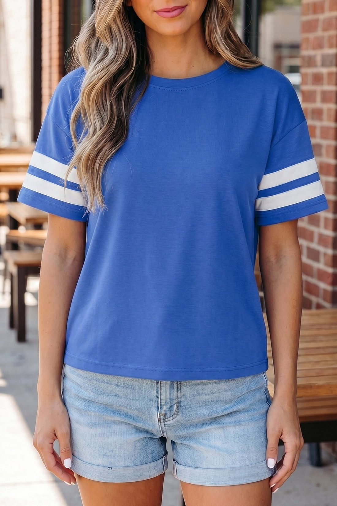 Dark Blue Varsity Striped Short Sleeve Crew Neck T Shirt - Loving It Shop