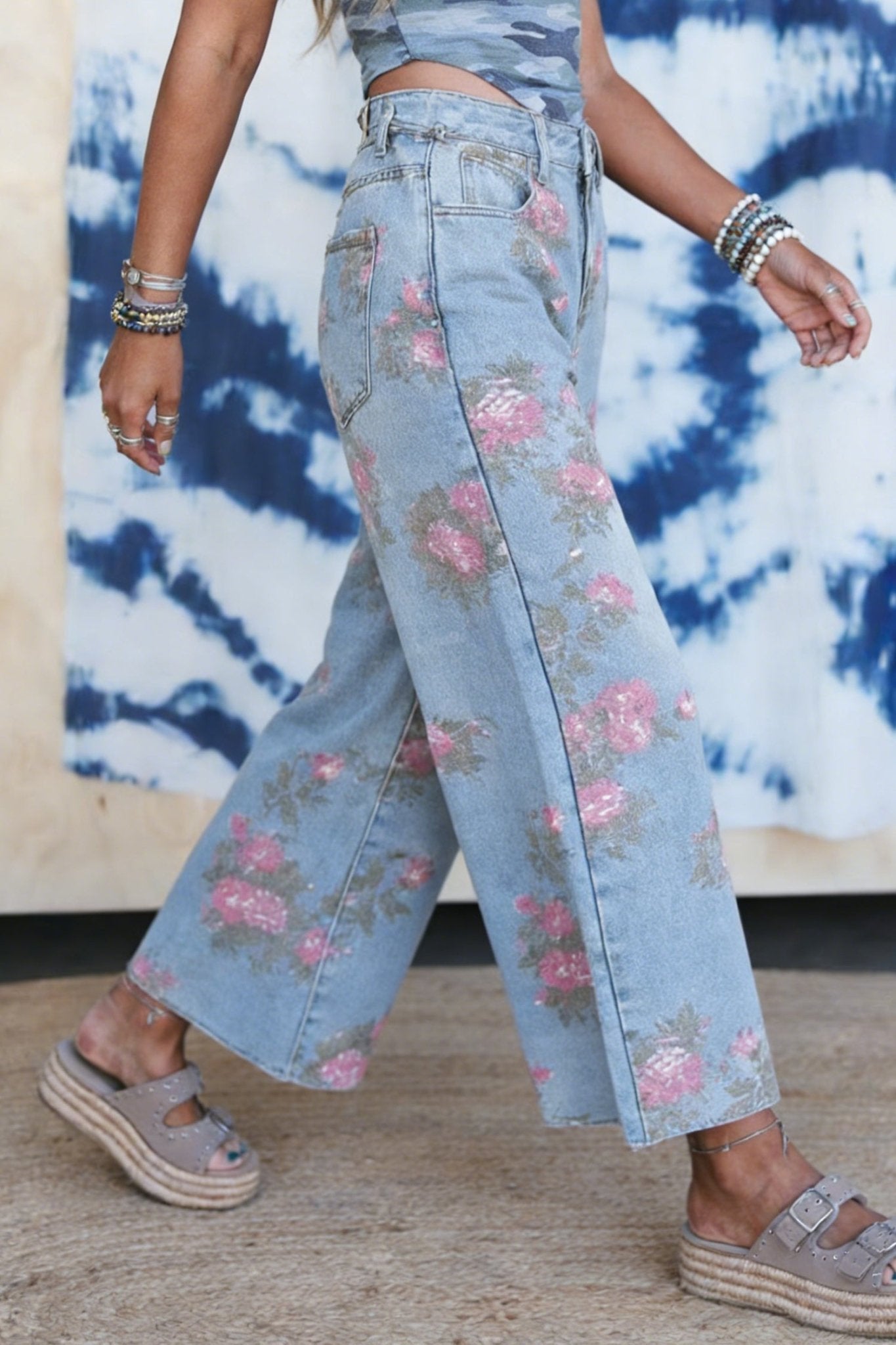 Sky Blue Garden Floral Print Bootcut Jeans - Loving It Shop