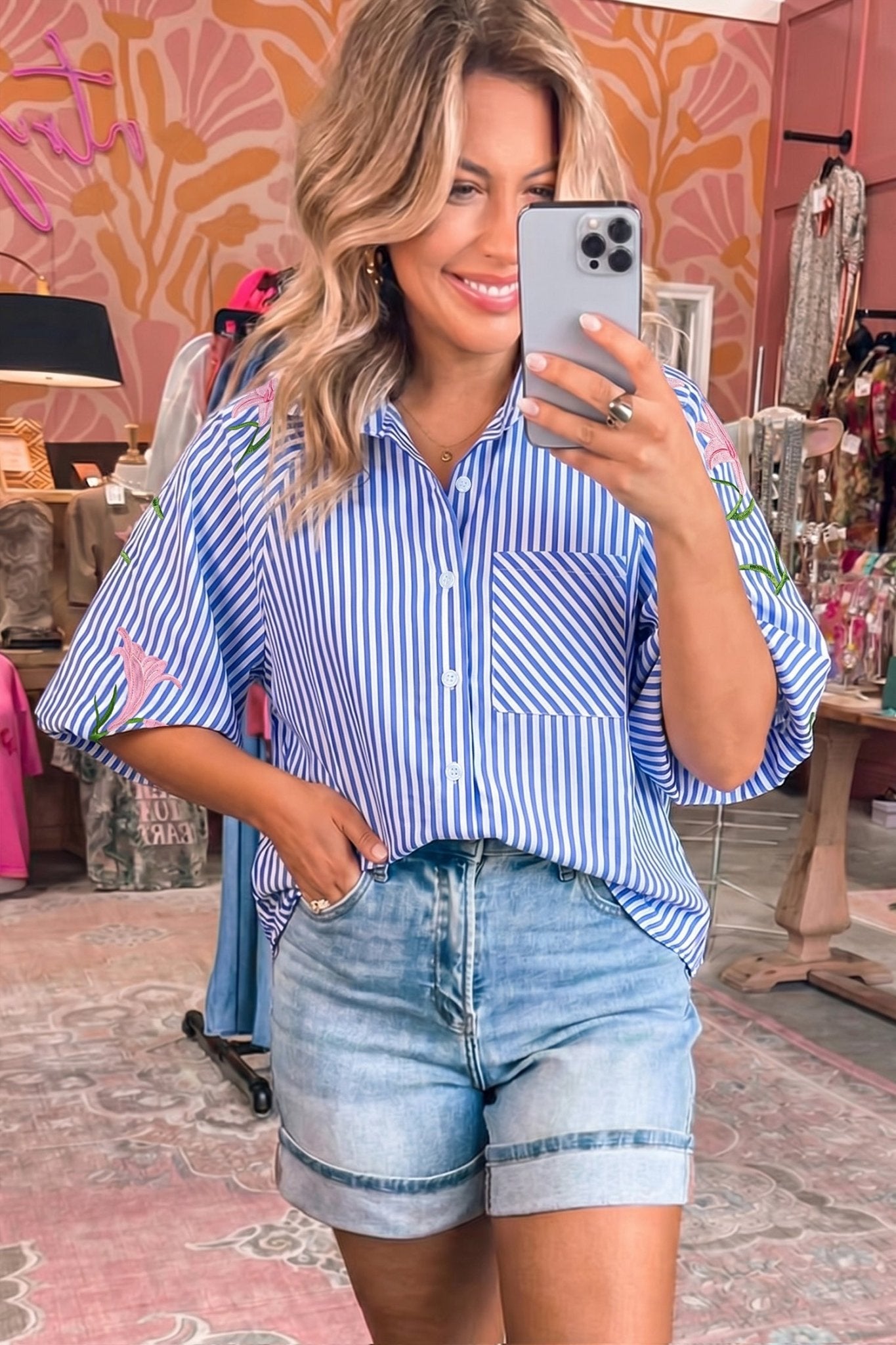 Sky Blue Stripe Lily Floral Embroidered Puff Sleeve Button Down Shirt - Loving It Shop