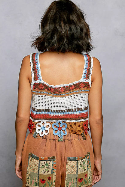 Cutout Flower Cropped Crochet Cami with with Dangle Detail