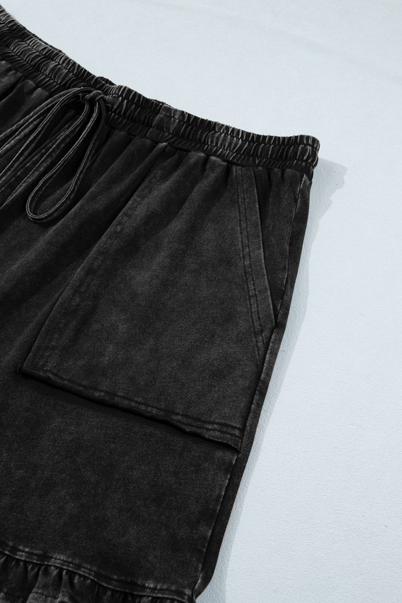 Black Mineral Wash Elastic Waist Drawstring Ruffle Hem Plus Shorts - Loving It Shop