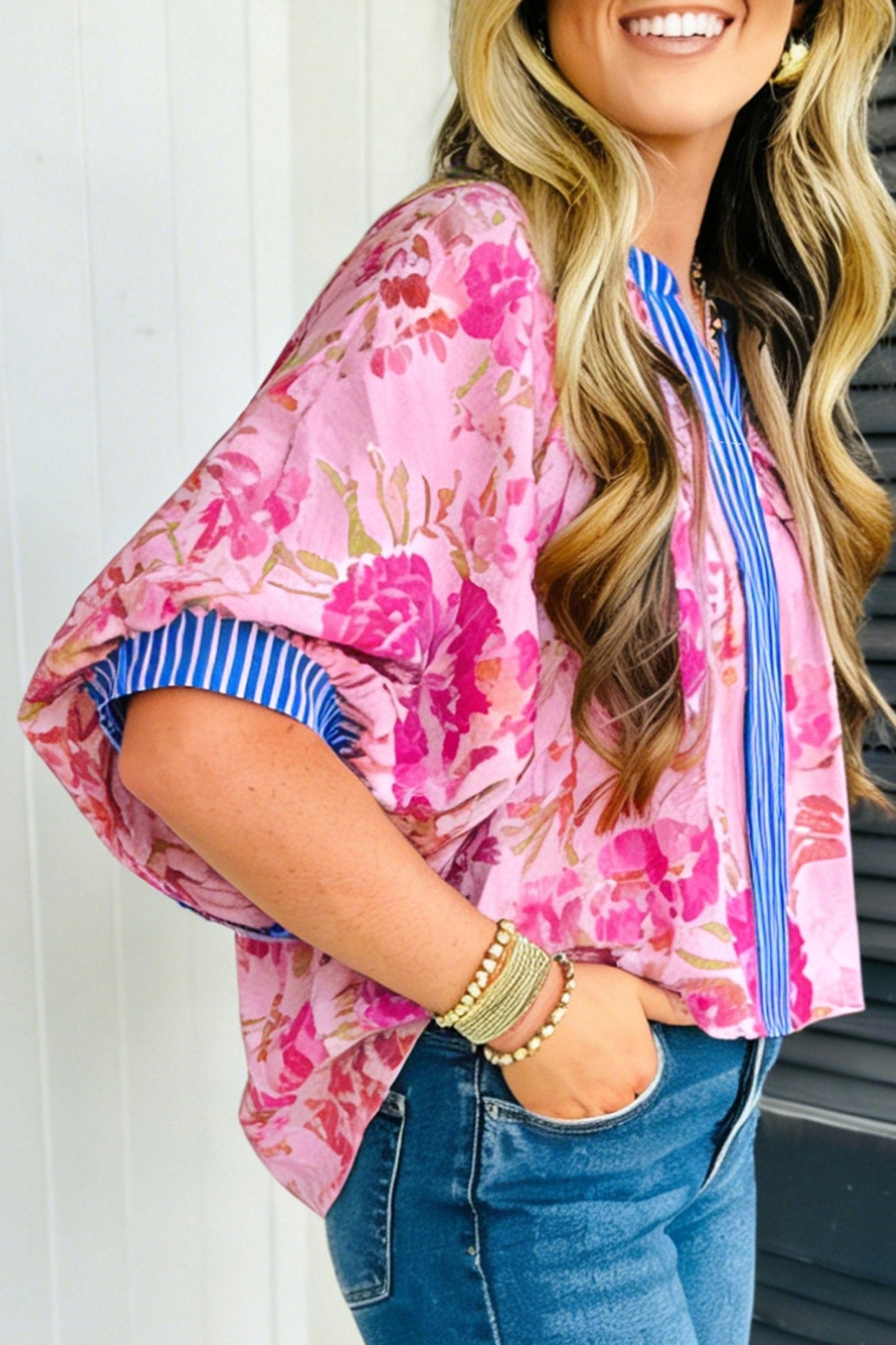Multicolour Floral Half Sleeve Striped Trim V Neck Blouse - Loving It Shop